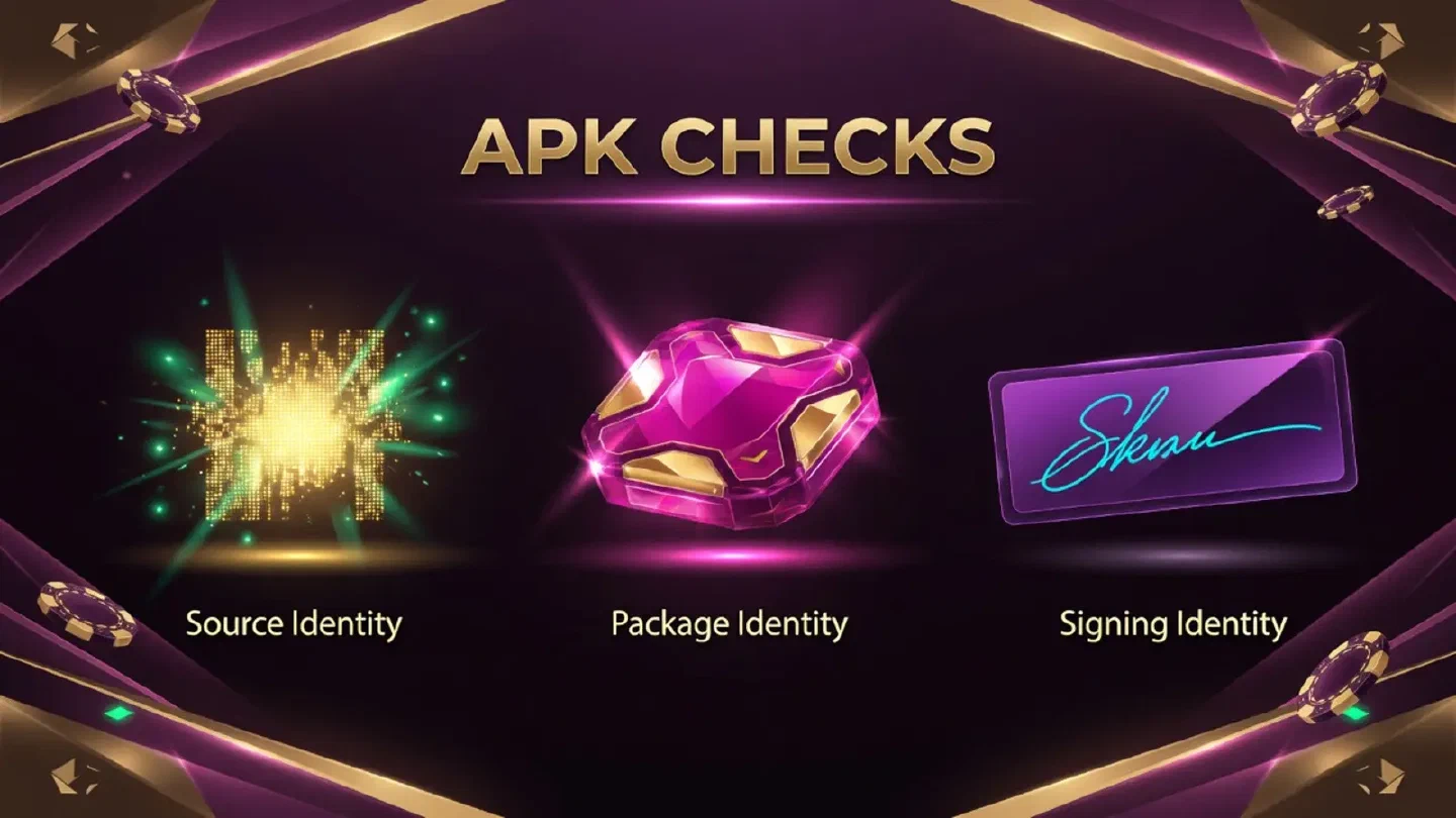 Casino-styled illustration of source, package and signing identity checks for an APK