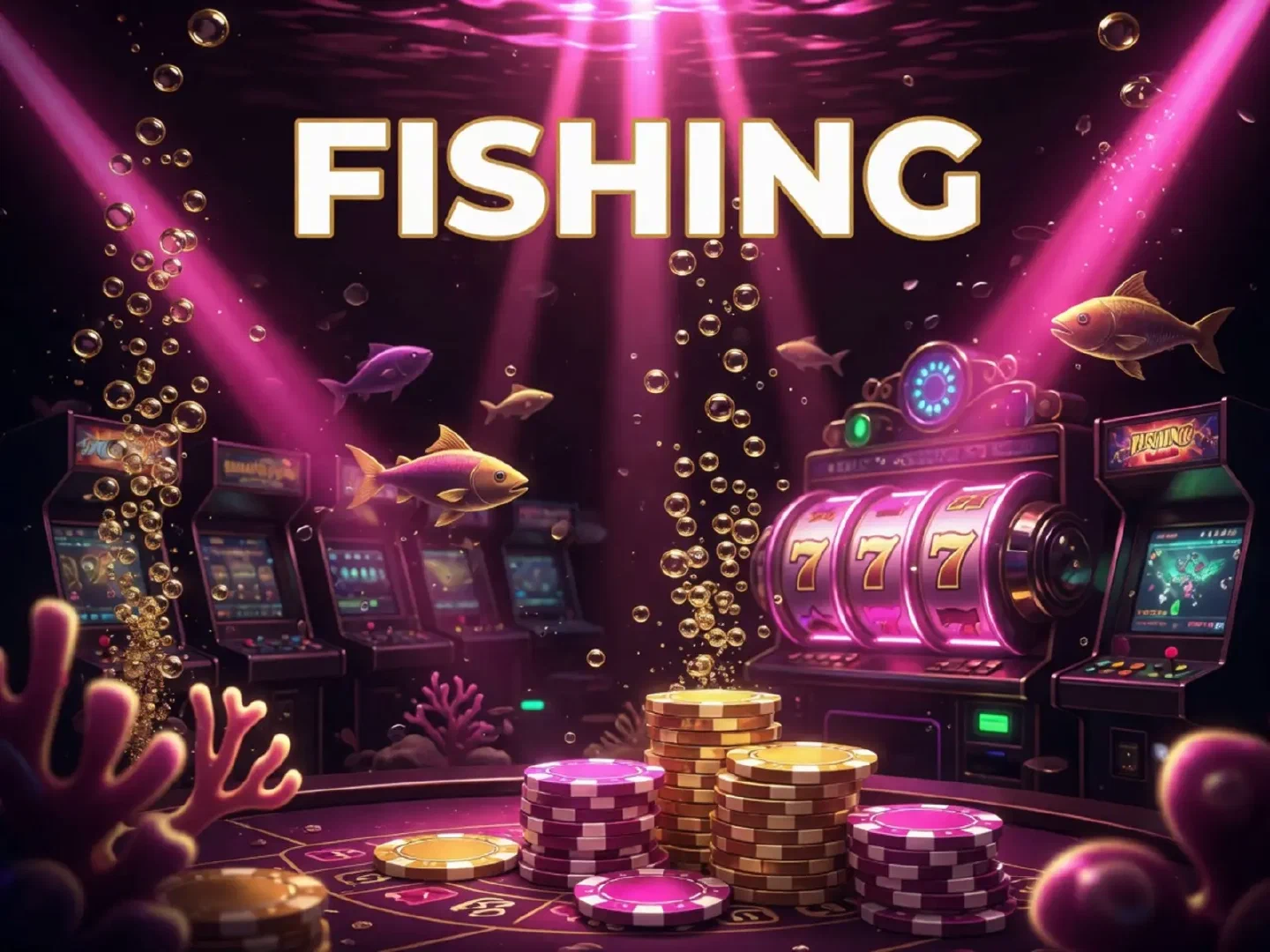 Editorial fishing game artwork with glowing sea creatures