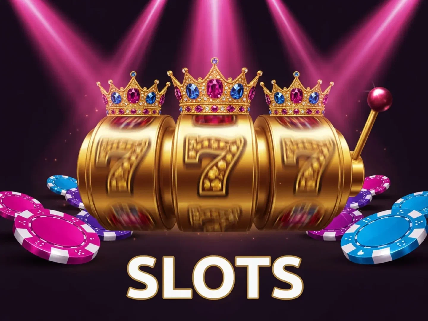 Editorial casino artwork with gold slot reels and magenta light