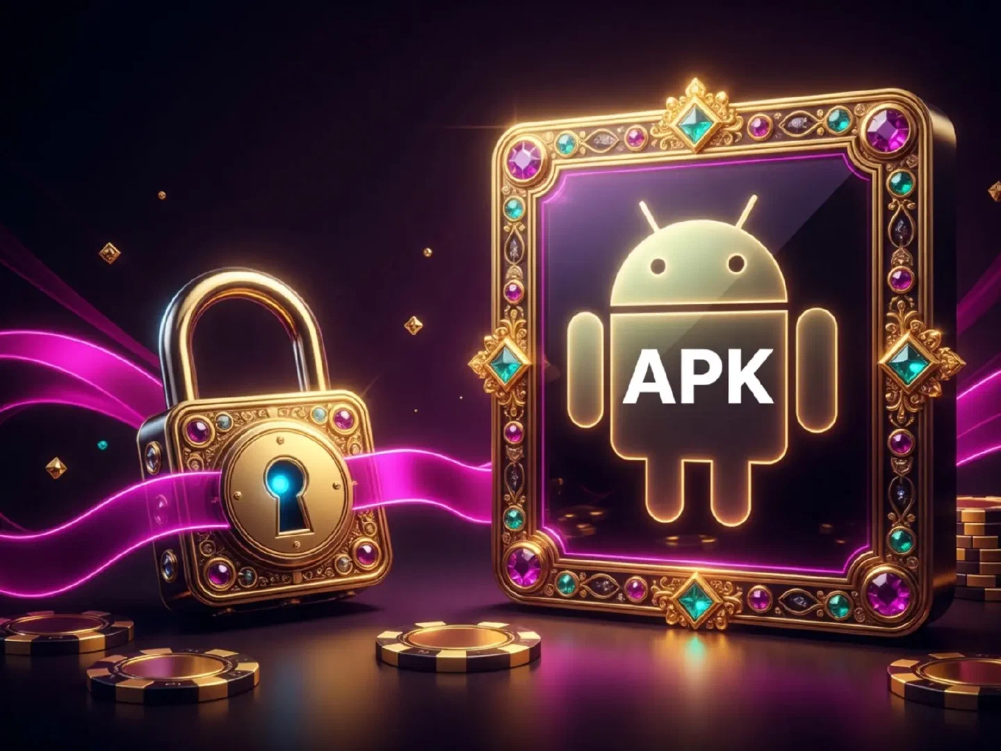 Glowing Android package symbol inside a pink and gold frame