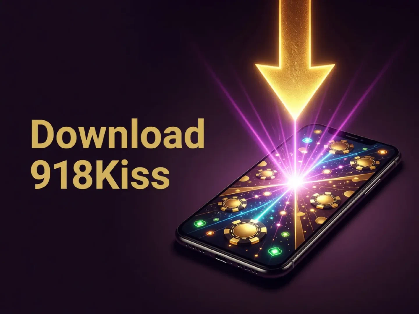 Gold download arrow above a phone in pink and violet light