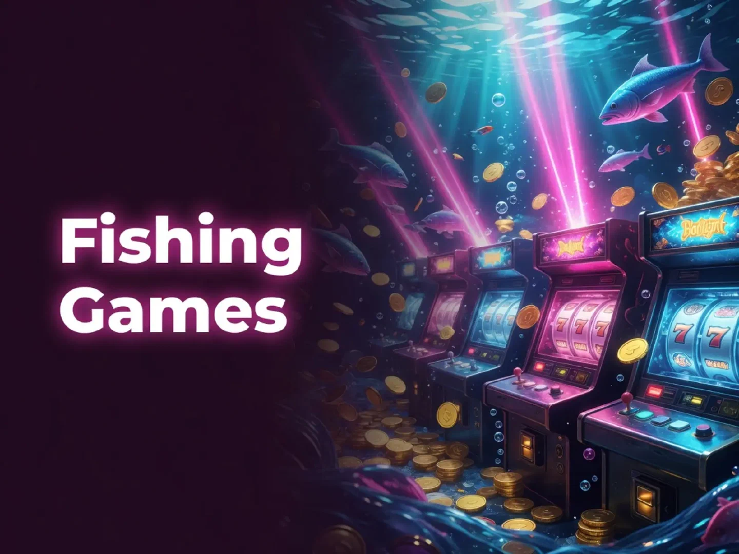 Underwater arcade illustration with fish silhouettes and gold bubbles