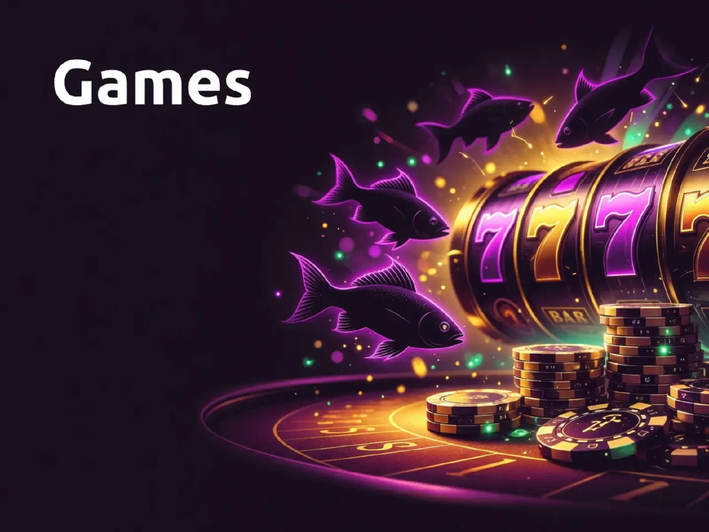 Casino gallery illustration with reels, fish silhouettes and card-table light
