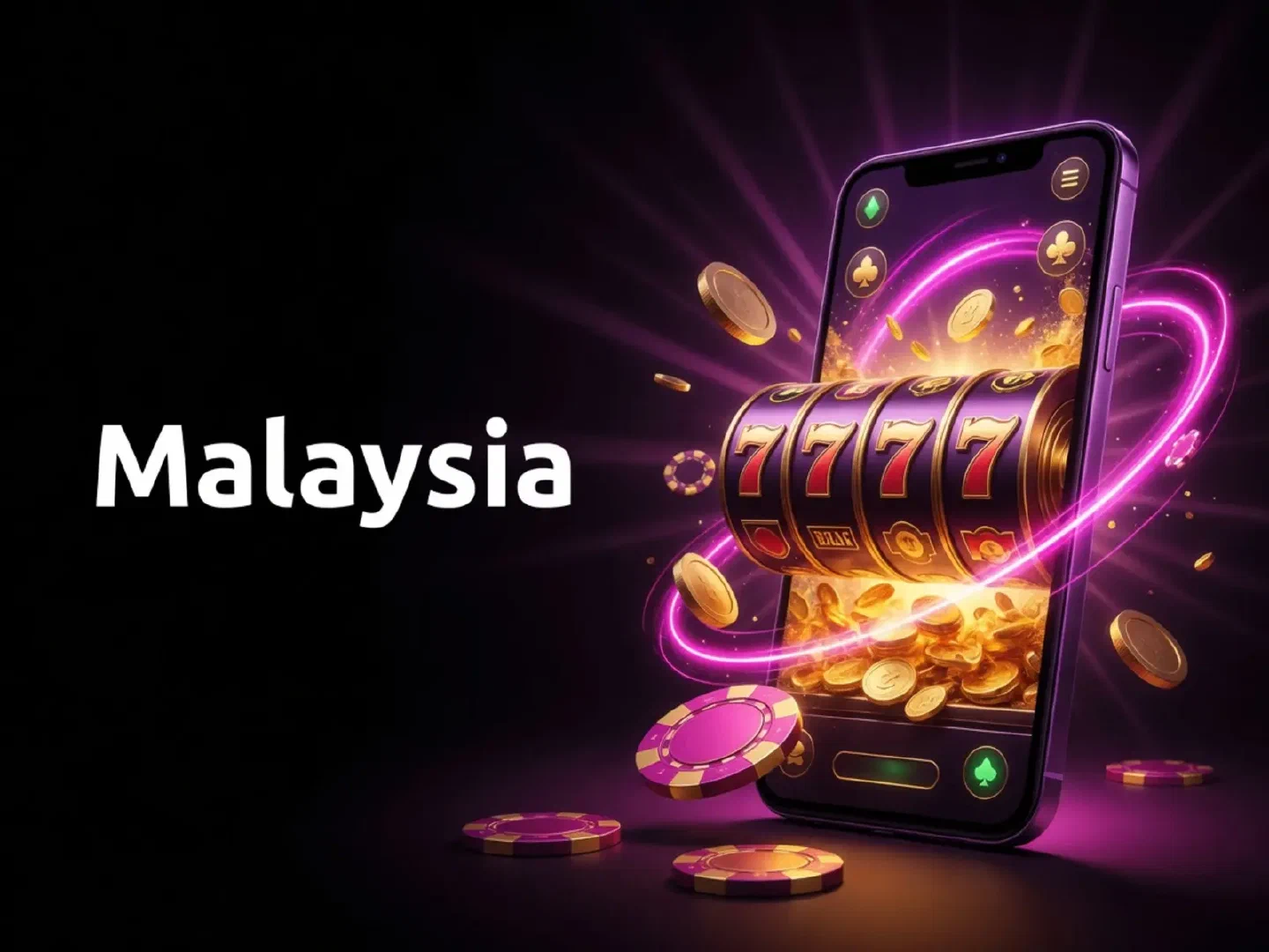 Phone, slot reels and gold coins against a magenta casino glow, with Malaysia lettering