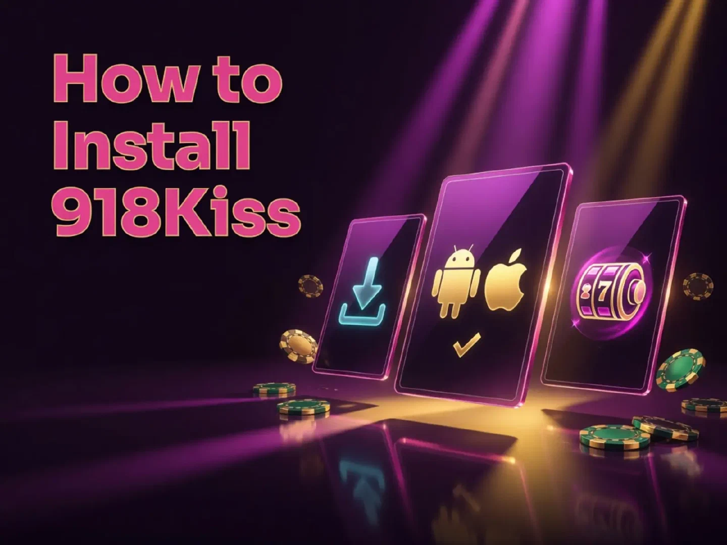 Phone installation steps against vivid violet, magenta and gold casino lights