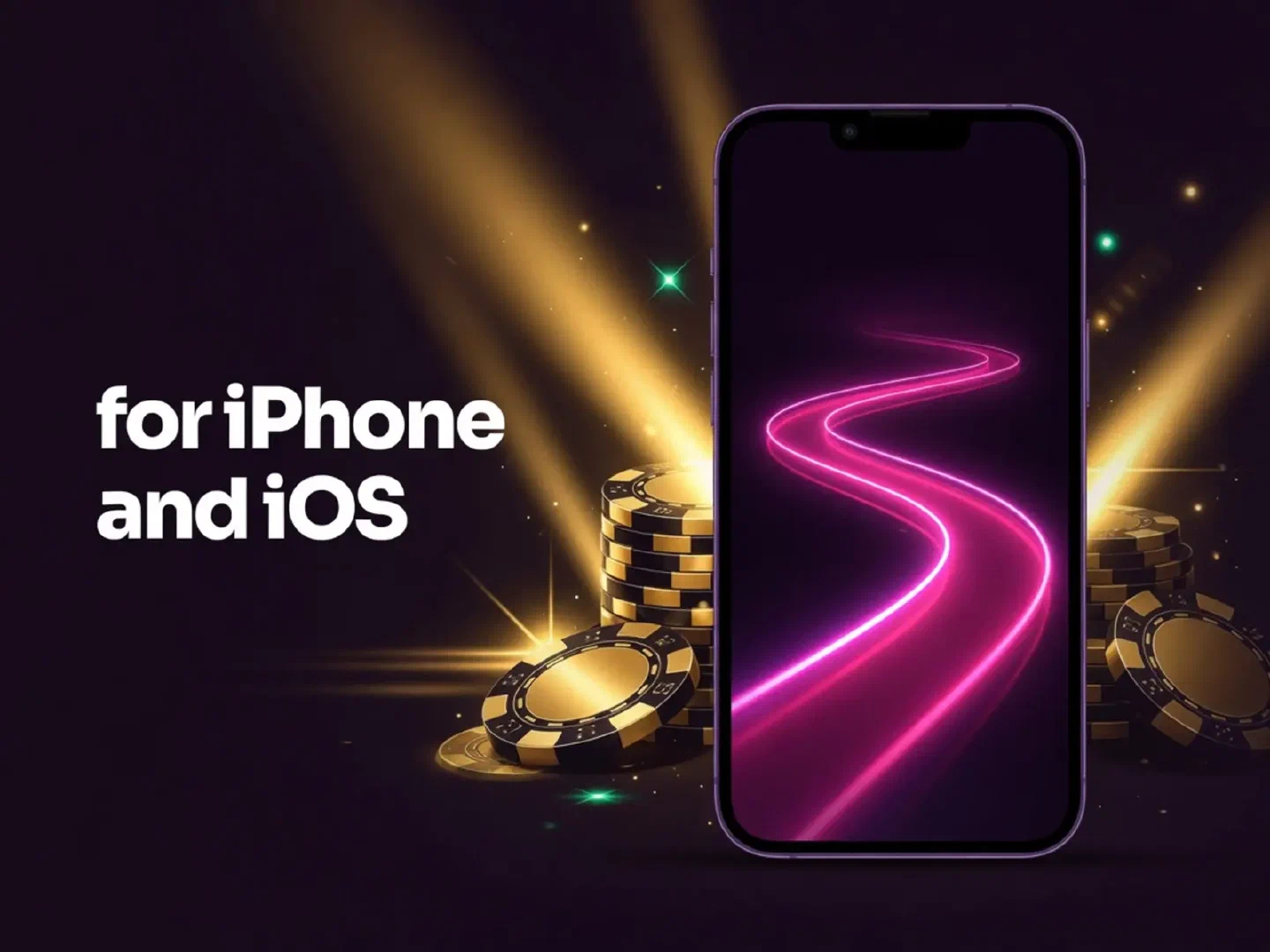 iPhone silhouette beside a bright violet and gold casino path