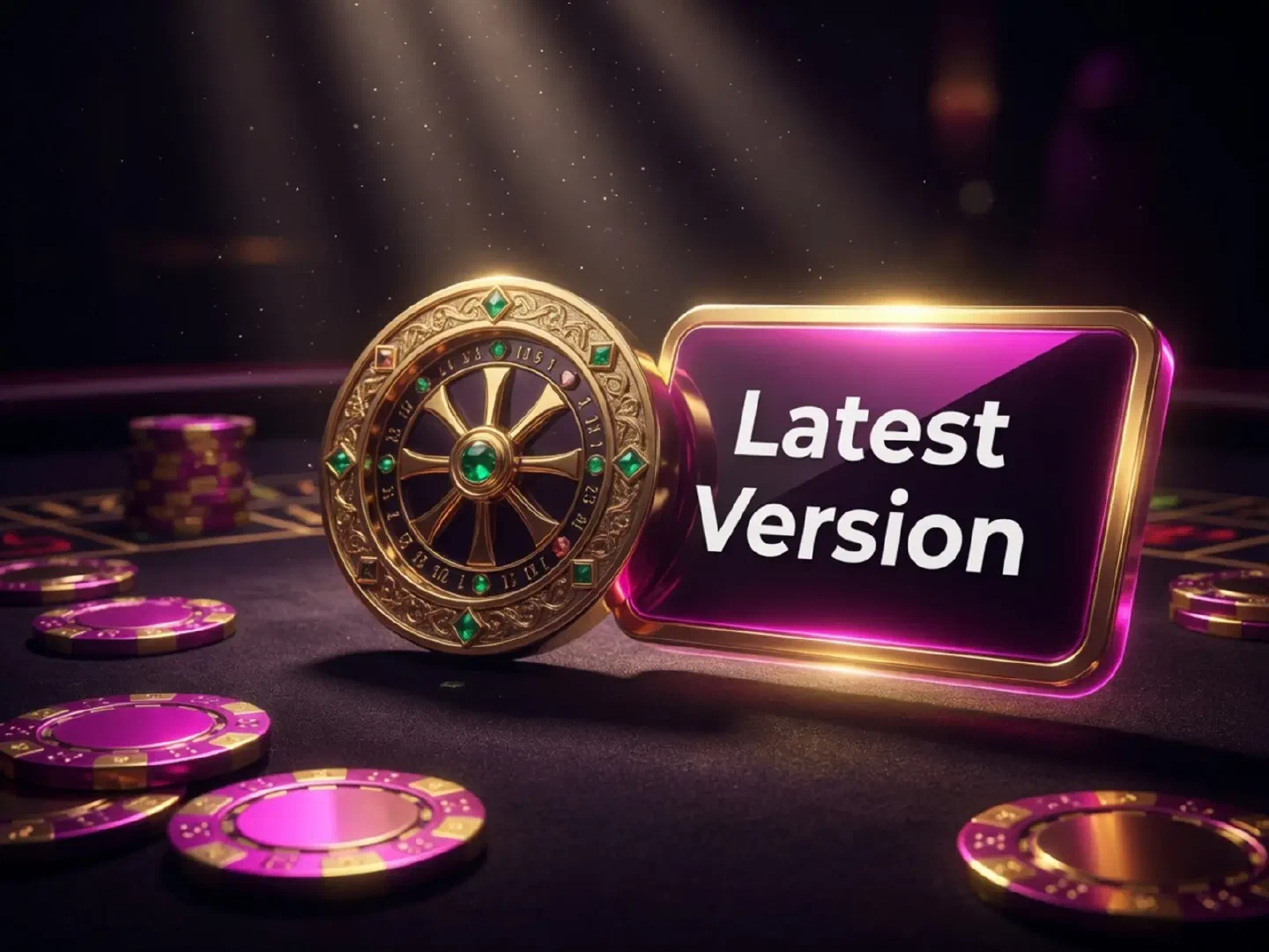 Glowing version tile beside a rotating dial on a dark casino surface