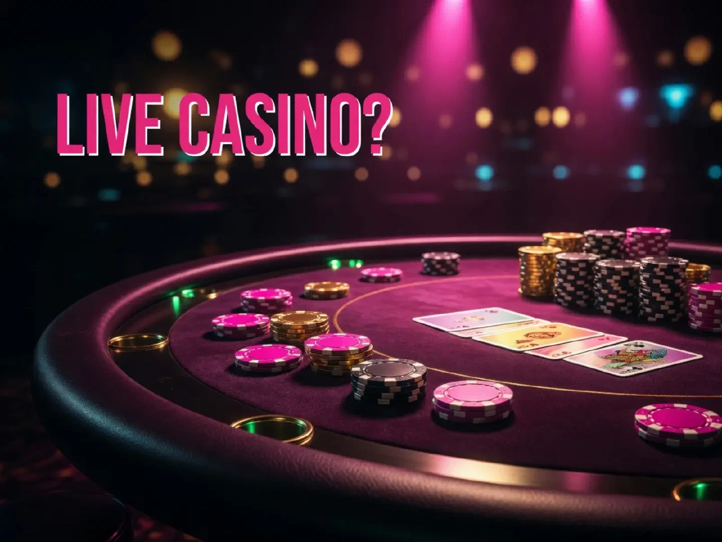 Empty card table under pink casino spotlights
