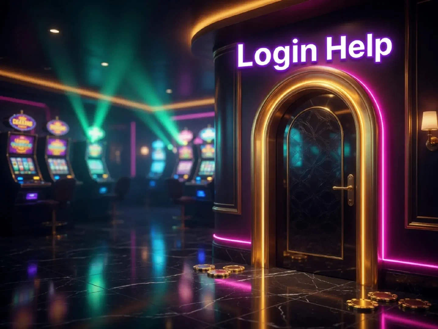 Glowing doorway in a neon casino corridor