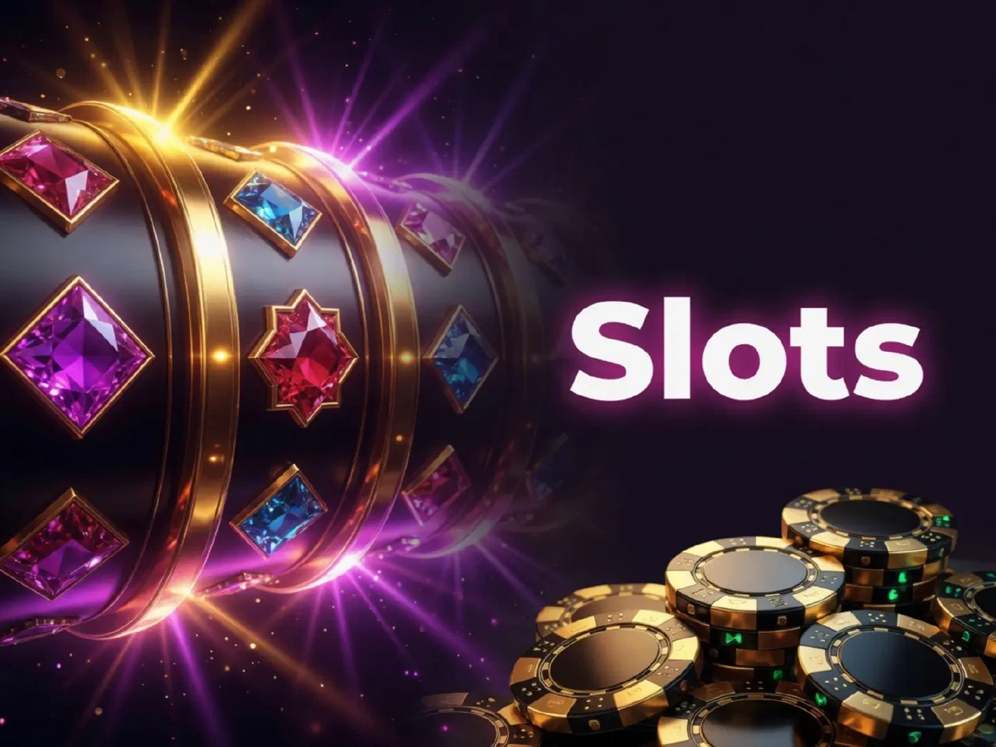 Gold slot reels and jewel motifs against magenta stage lights