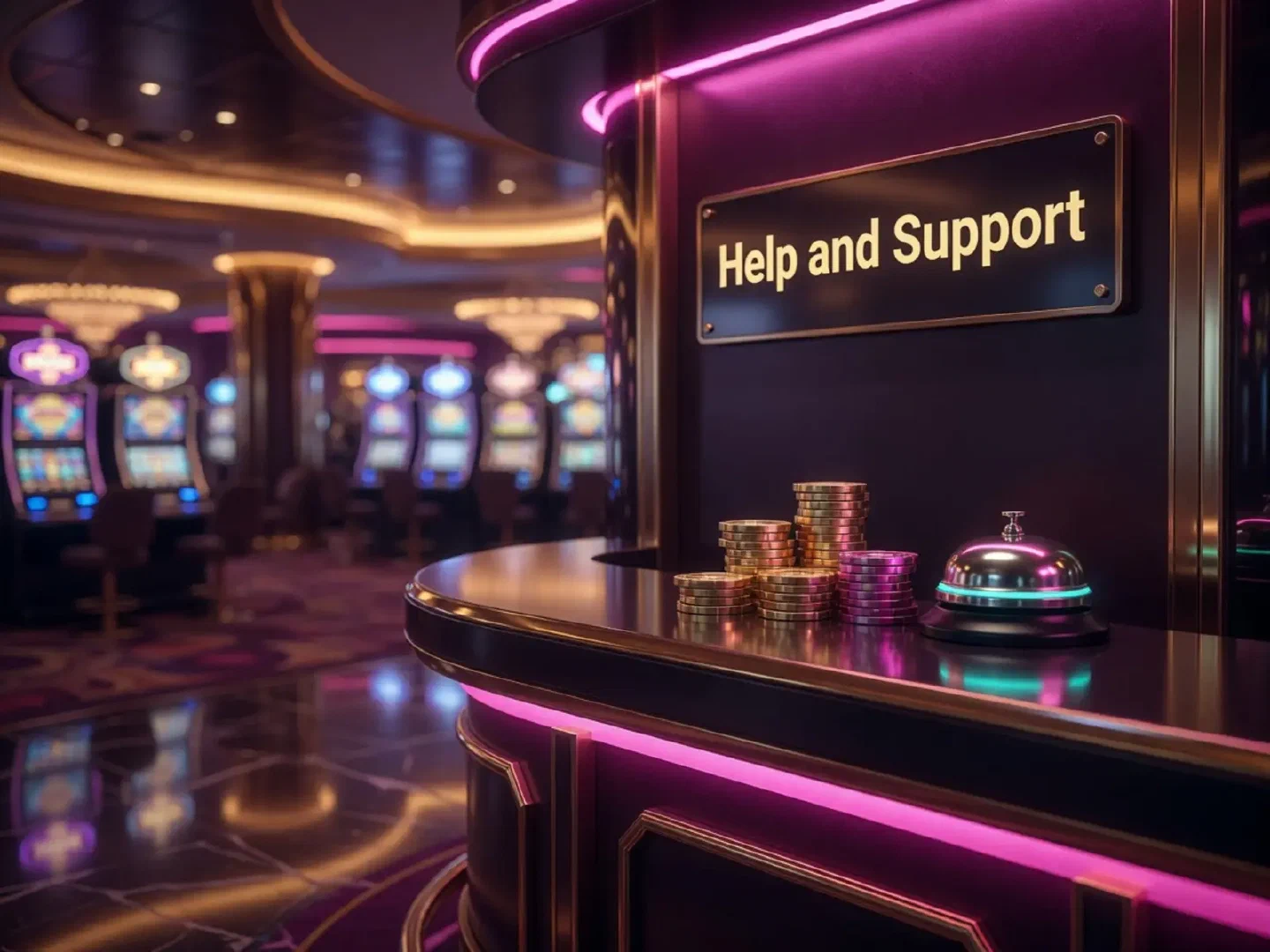 Help counter at the edge of a glowing casino hall