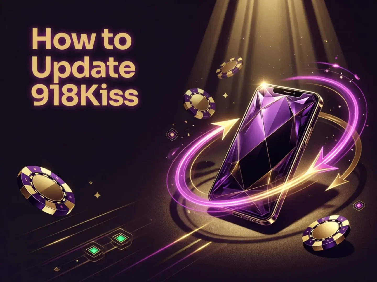 Pink and gold update arrows circling a phone on a bright casino backdrop