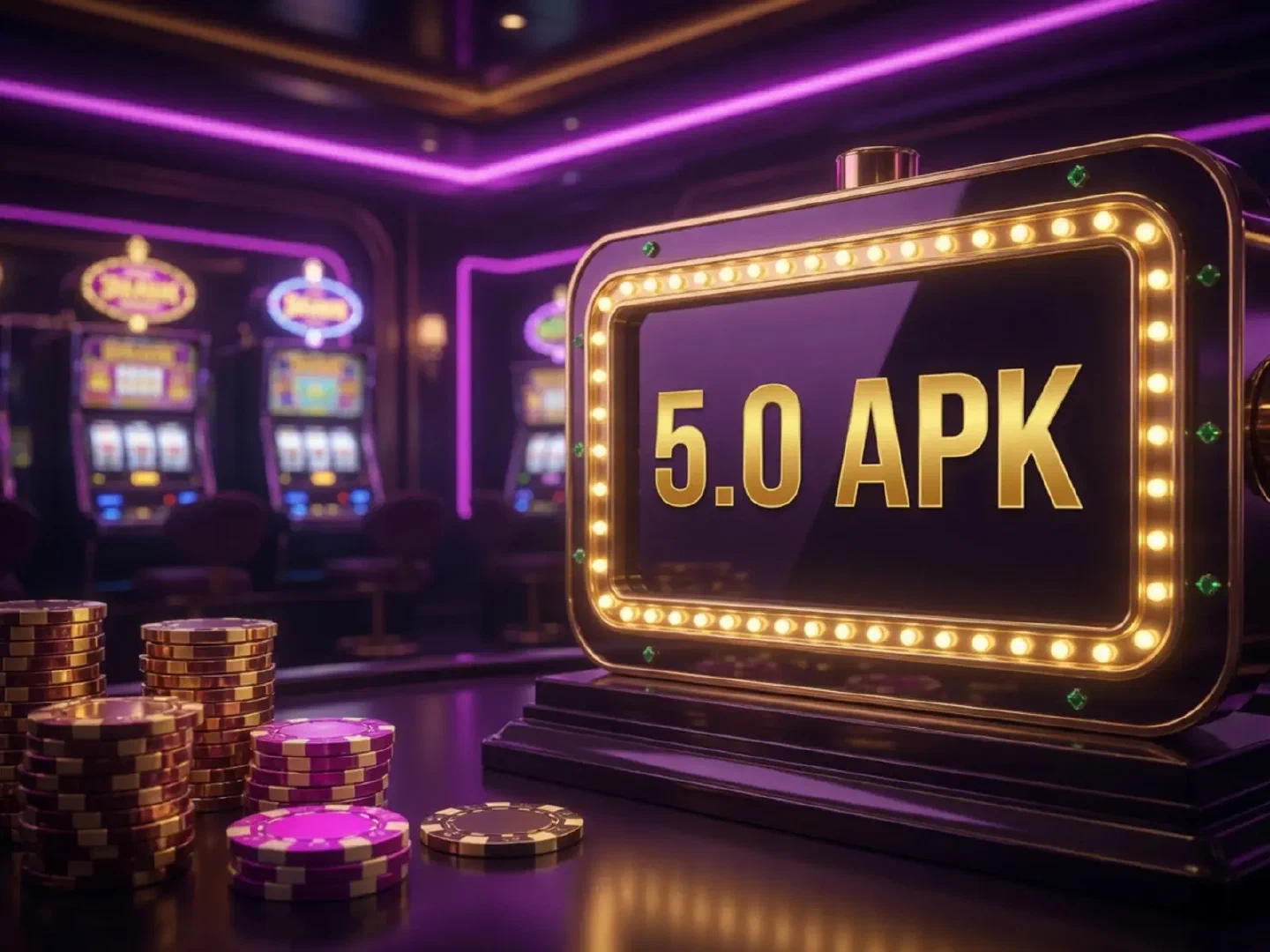 Gold 5.0 marquee in a violet casino hall